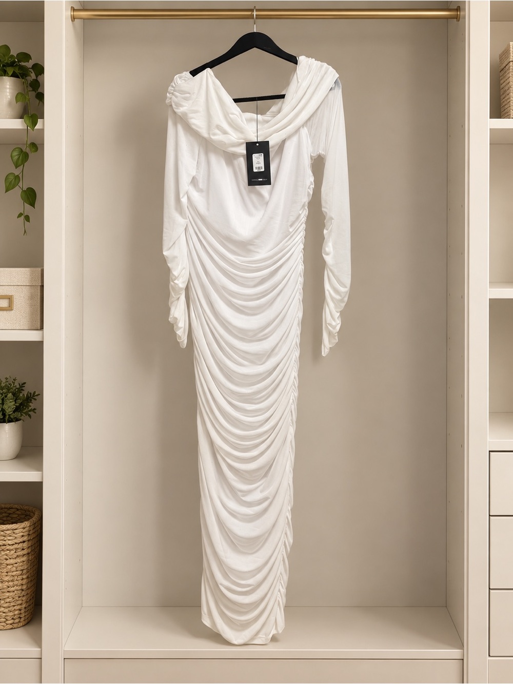 Fashion Nova White Draped Ruched Maxi Dress